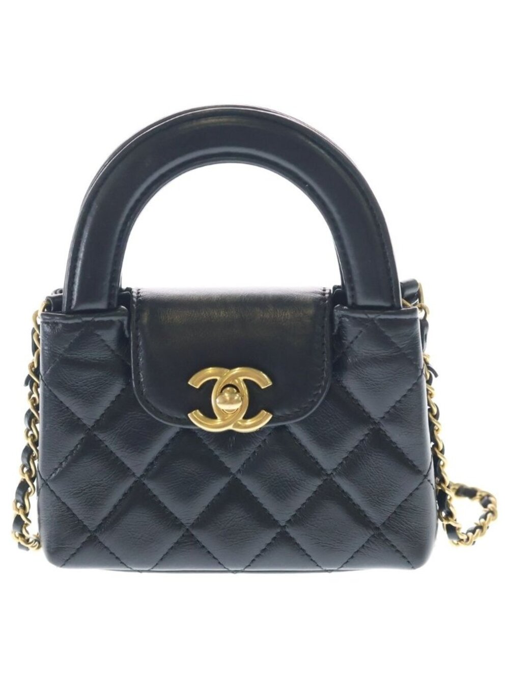 Chanel Quilted Top Handle Calfskin Leather Mini Chain Shoulder Bag Gold Black